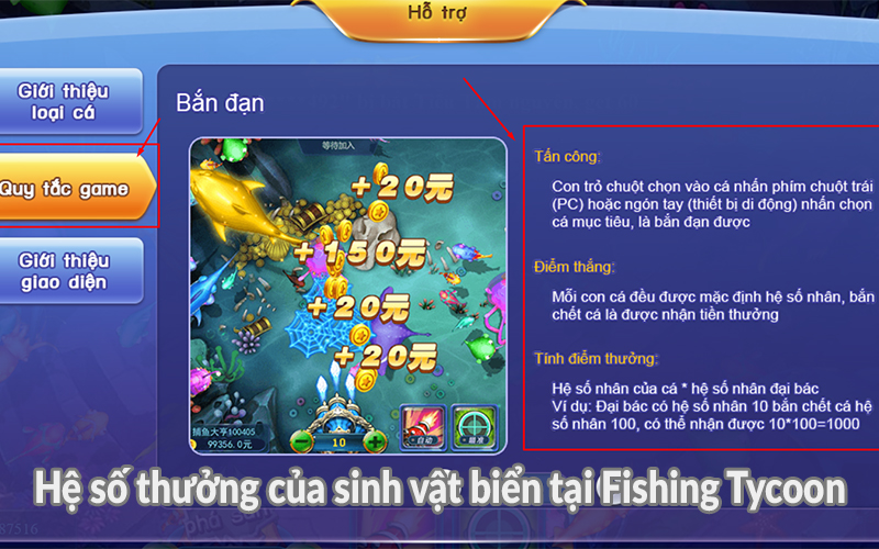 Hệ số thưởng của sinh vật biển tại Fishing Tycoon